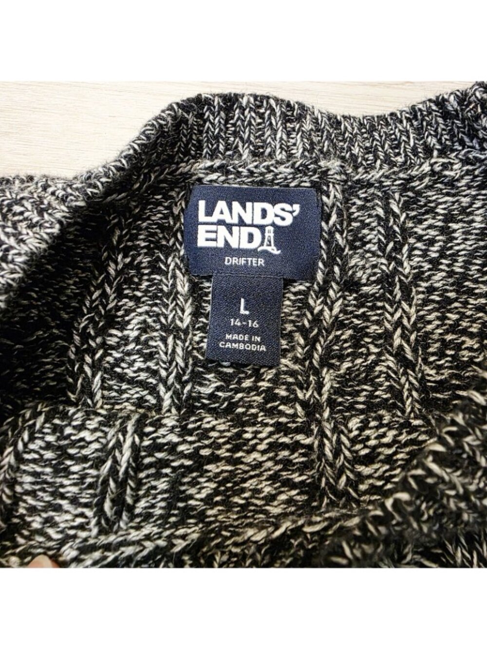 Lands End Drifter Fisherman Cable Knit Sweater Sz Lg 14-16 Black Heather - Picture 4 of 5